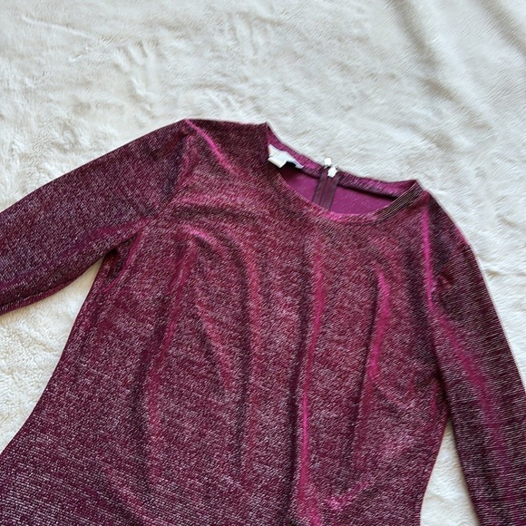 Michael Kors Burgundy Silver Metallic Knit Shift Dress Bell Sleeve Medium Petite - Picture 3 of 8